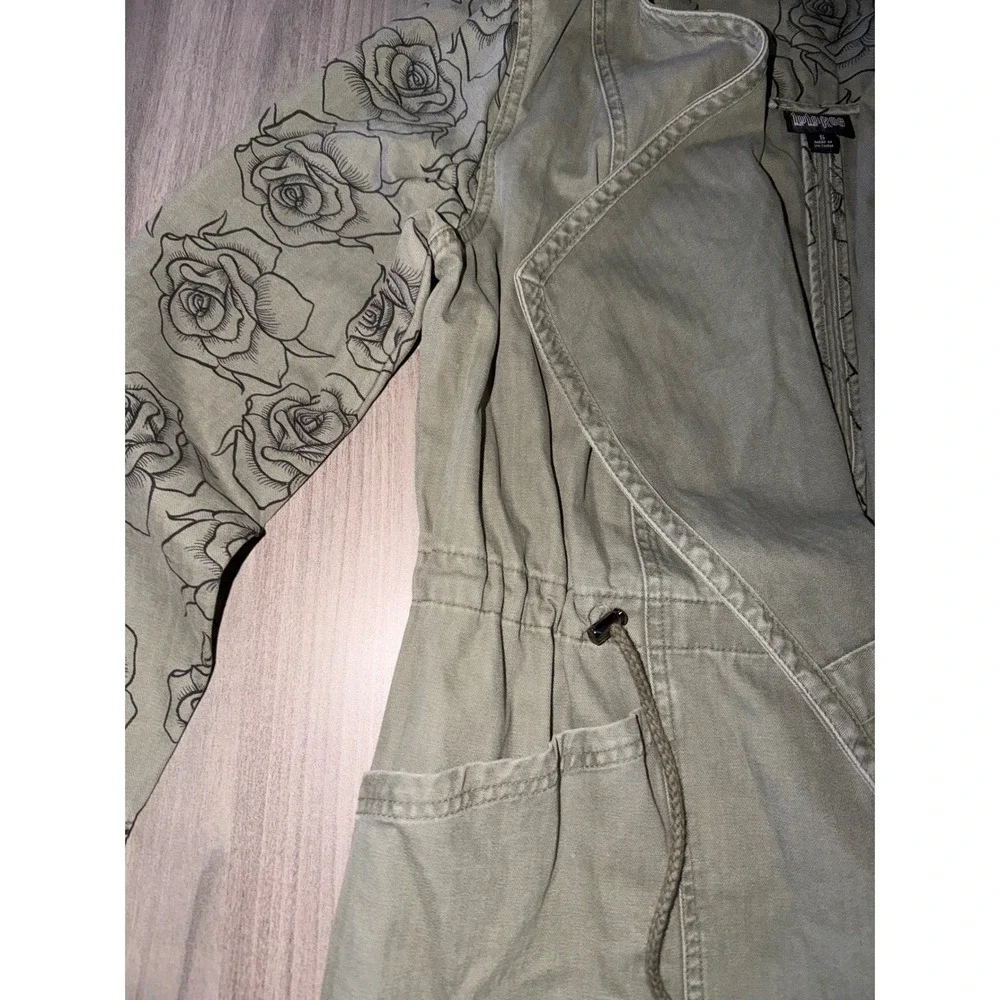 LuLaRoe Women Olive Green Rose Floral Sleeve Utility Jacket Hooded Draped S A4